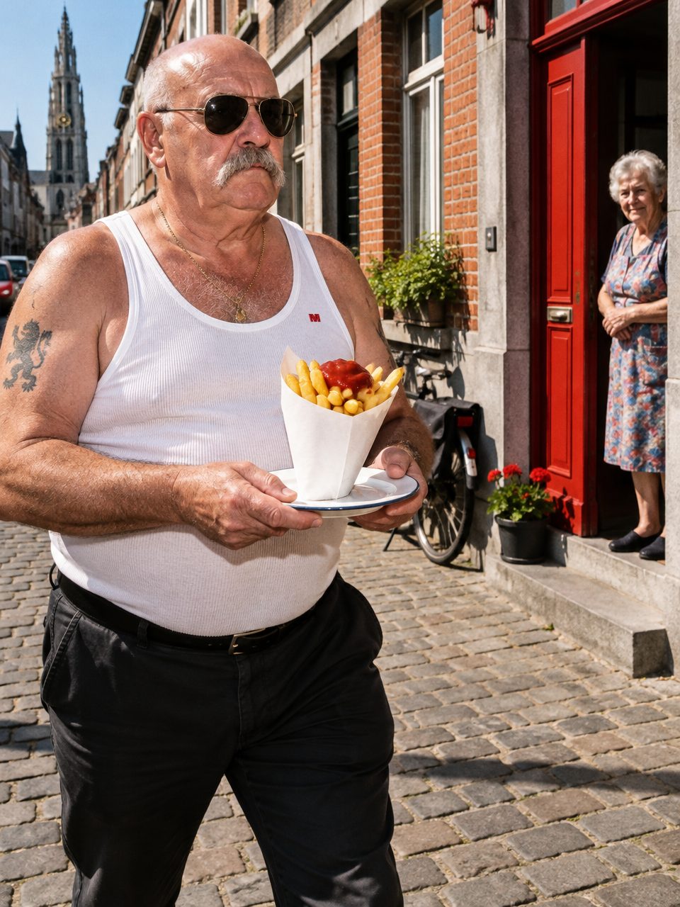Ludo carrying fries down the street