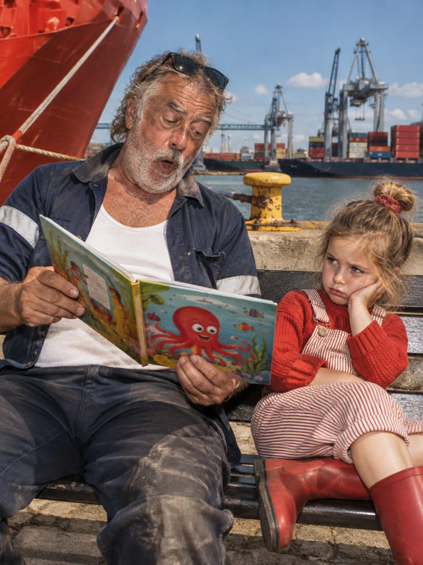 Rudi reading a picture book at the harbour